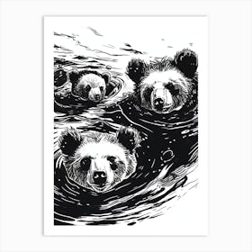 Malayan Sun Bear Family Swimming In A River Ink Illustration 4 Art Print