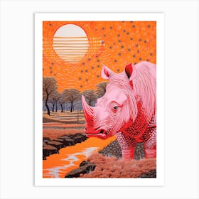 Abstract Linocut Inspired Orange Rhino 2 Art Print