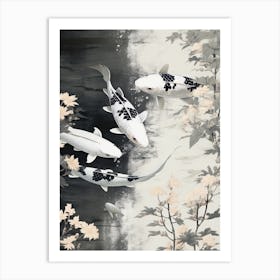 Black And White Koi Fish Watercolour With Botanicals 3 Art Print