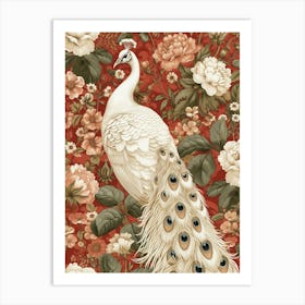White Floral Red Peacock Art Print