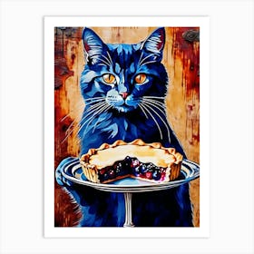 Blue Cat With Pie Art Print