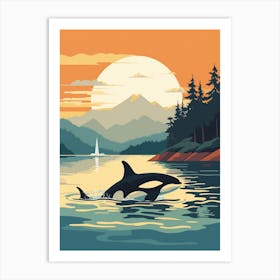Orca Sunset & The Mountains Graphic Design 3 Art Print