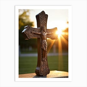 An Intricately Carved Wooden Cross Representing Faith Its Silhouette Beautifully Etched Against Thi (2) Art Print