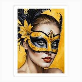 A Woman In A Carnival Mask, Yellow And Black (2) Art Print