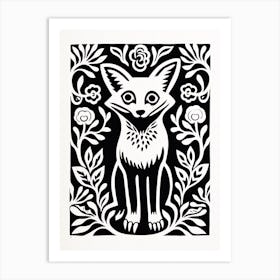 Fox In The Forest Linocut White Illustration 12 Art Print