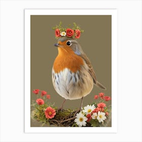 Bird With A Flower Crown Robin Art Print