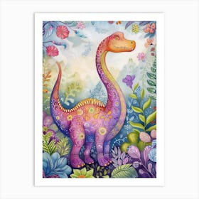 Rainbow Watercolour Brontosaurus Dinosaur 1 Art Print