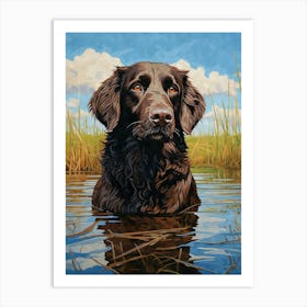 Brown Flat-coated Retriever Watercolor in a Lake Flatty Art Print