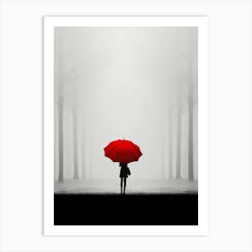 Woman Holding Red Umbrella In The Fog Art Print