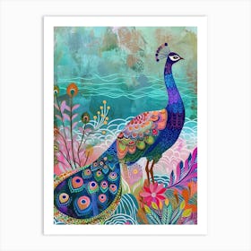 Folky Peacock On The Beach 2 Art Print