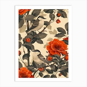 Floral Pattern With Birds And Flowers Inspired by William Morris Art Print