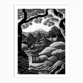 Tofuku Ji, Japan Linocut Black And White Vintage Art Print