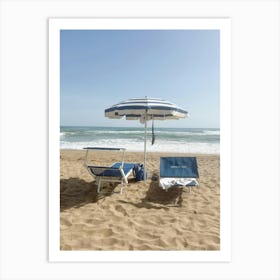 The Blue Striped Umbrella - Sicilian Beach Photo - Italy Travel Photography Art Print