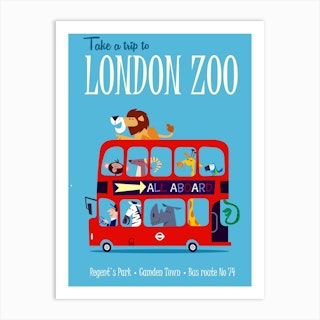 London Zoo Poster Blue & Red Art Print