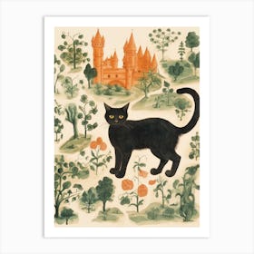 Black Cat With Medieval Botanical Theme Art Print