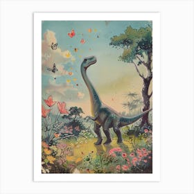 Dinosaur Catching Butterflies In The Meadow Vintage Illustration Art Print