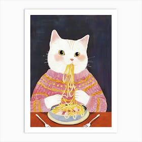 Cute White Cat Pasta Lover Folk Illustration 3 Art Print