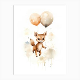 Baby Deer Flying With Ballons, Watercolour Nursery Art 2 Art Print