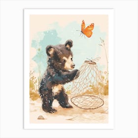 American Black Bear Cub Playing With A Butterfly Storybook Illustration 2 Art Print