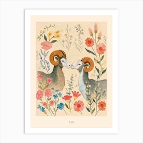 Folksy Floral Animal Drawing Ram 4 Poster Art Print