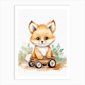 Baby Polar Fox On A Toy Car, Watercolour Nursery 2 Art Print