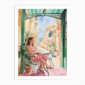 At A Cafe In Gozo Malta Watercolour Art Print