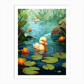 Cartoon Duckling Swimming With Water Lilies 1 Art Print