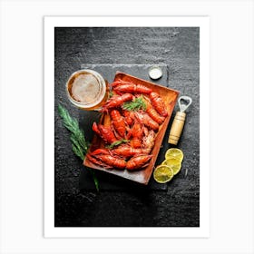 Beer with boiled crayfish — Food kitchen poster/blackboard, photo art Art Print