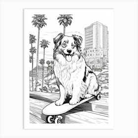 Australian Shepherd Dog Skateboarding Line Art 2 Art Print