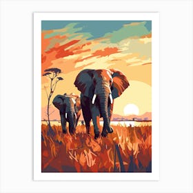 Elephants At Sunset Art Print