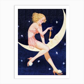 Pin Up Girl On the Moon, Tickling it's Nose Art Print