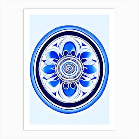 Dharma Wheel, Symbol, Third Eye Blue & White 1 Art Print
