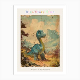 Dinosaur In The Woodland Meadow Storybook Style Painting 2 Poster Art Print