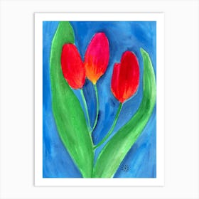 Three Tulips - floral flower red green blue watercolor Art Print