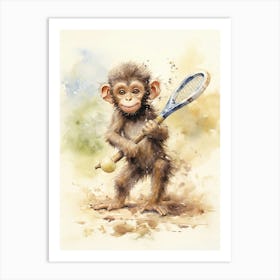 Monkey Painting Playing Tennis Watercolour 2 Art Print