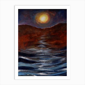 Silver Waves - painting handpainted acylic vertical moon sun moon river sunset impressionism classical livingroom bedroom Art Print