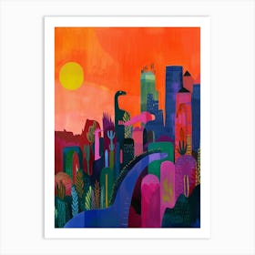 Colourful Dinosaur Cityscape Painting 6 Art Print