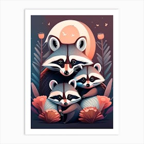 Raccoon Family At Night Art Print