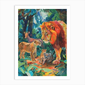 Asiatic Lion Interaction With Other Wildlife Fauvist Painting 2 Art Print