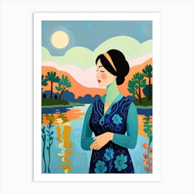 Woman Praying By The Lake Art Print