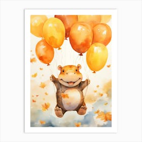 Hippopotamus Flying With Autumn Fall Pumpkins And Balloons Watercolour Nursery 1 Art Print
