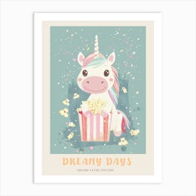 Cute Pastel Unicorn Eating Popcorn Blue Background 3 Poster Art Print