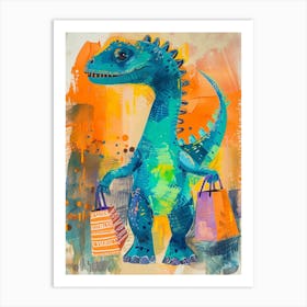 Dinosaur Shopping Orange Blue Brushstrokes  2 Art Print