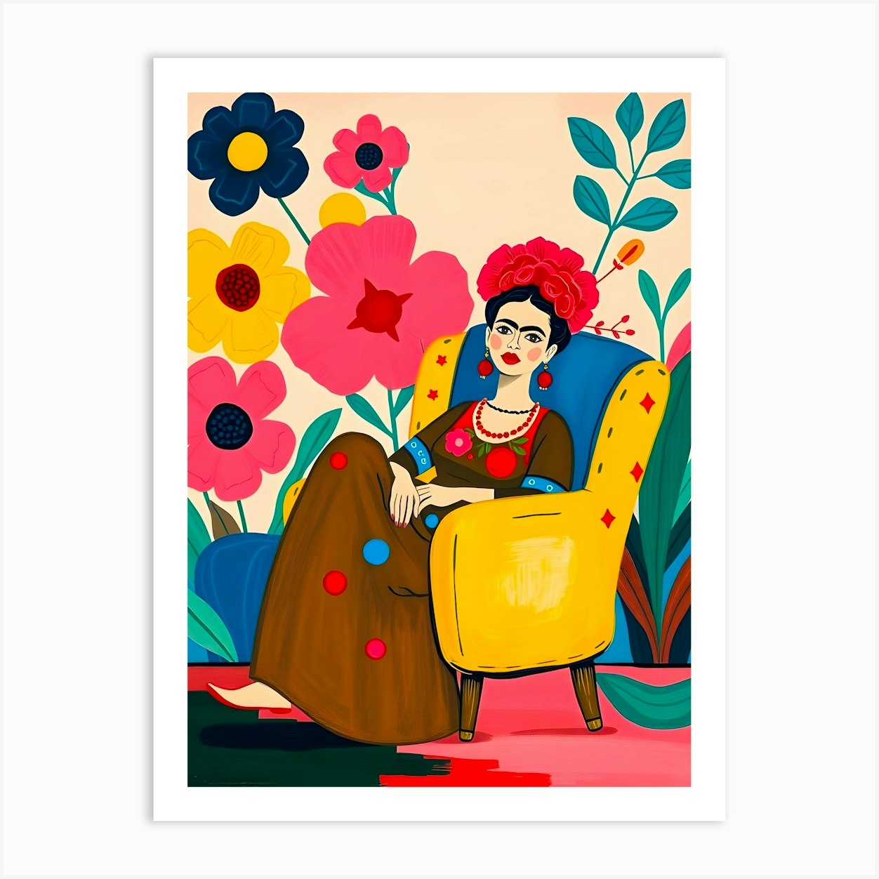 Frida Kahlo Sitting In Chair Floral Art Print by ARTISTIC AVENUE