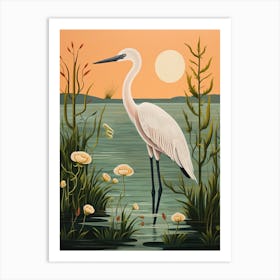 Vintage Bird Linocut Egret 1 Art Print