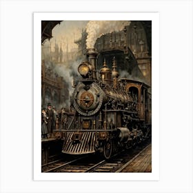 Steampunk Locomotive Victorian London Station Backdrop Gustav Dore Style Etching Adorned With Bra Art Print