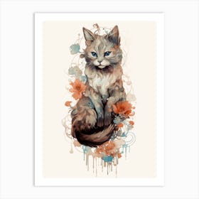 Abstract Inks Watercolor Cat With Flowers Art Print