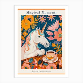 Floral Fauvism Style Unicorn Drinking Coffee 3 Poster Art Print