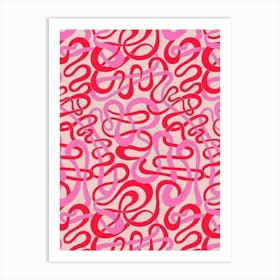 MY STRIPES ARE TANGLED Curvy Organic Abstract Squiggle Shapes in Vintage Glam Fuchsia Pink Red Lavender Purple on Light Pink Art Print