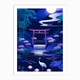 Japanese Landscape With Crane Art Print